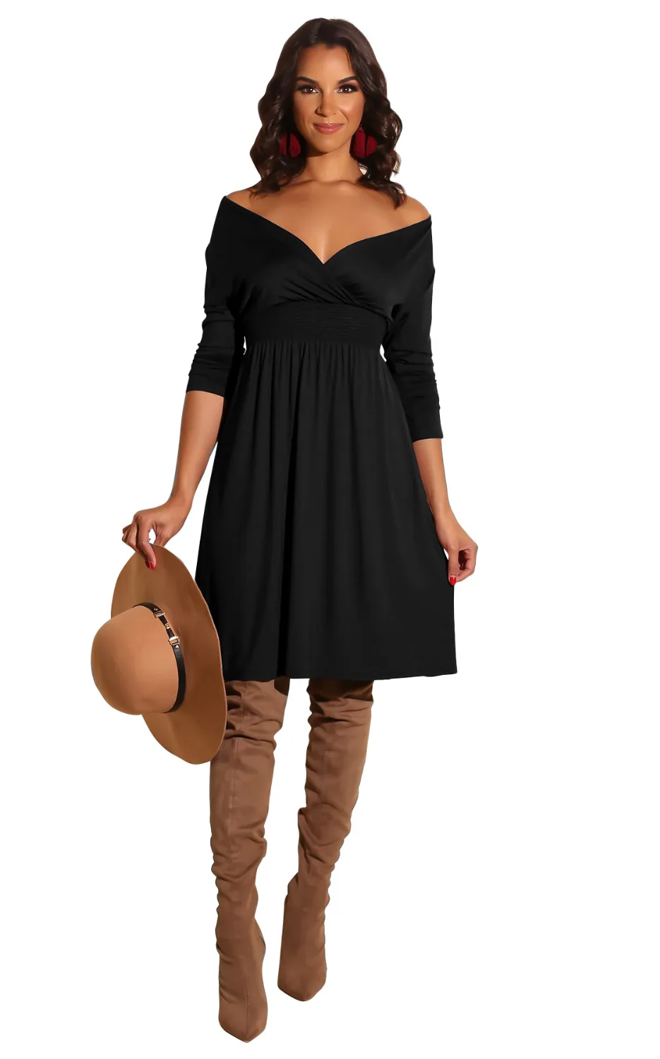 Off the Shoulder Deep V Neck Women Dress 2019 Spring