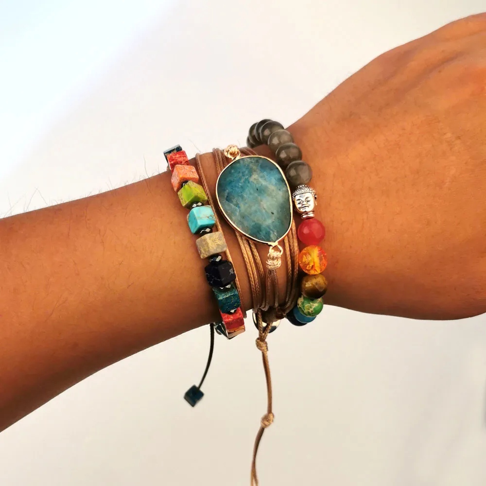 Женский браслет, не кожаный многослойный веревочный длинный браслет дружбы, Амазонит природный камень, ювелирные изделия в стиле бохо