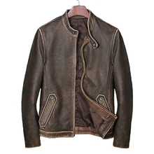 Винтажная коричневая Мужская облегающая Байкерская кожаная куртка большого размера XXXXXL из натуральной толстой воловьей кожи короткое кожаное пальто