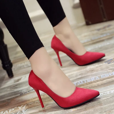 Новинка; сезон весна-осень; корейские модные розовые туфли на высоком каблуке-шпильке с острым носком; замшевые тонкие туфли с закрытым носком и бантом - Цвет: Red 10 cm