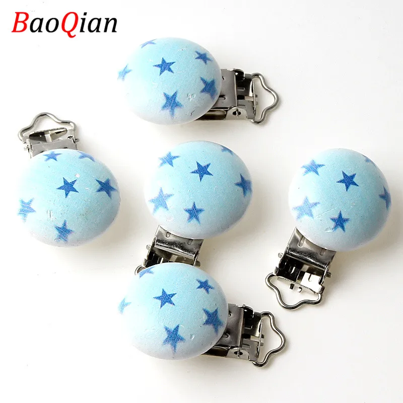 

5Pcs Blue Star Metal Wood Baby Pacifier Clips For Baby Infant Soother Clasps Teethers Holders