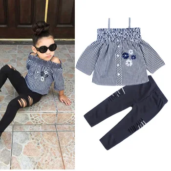

2019 autumn ins girls fashion clothing sts sling plaid embroidery long-sleeved shirt + hole trouser 2pcs suit for children