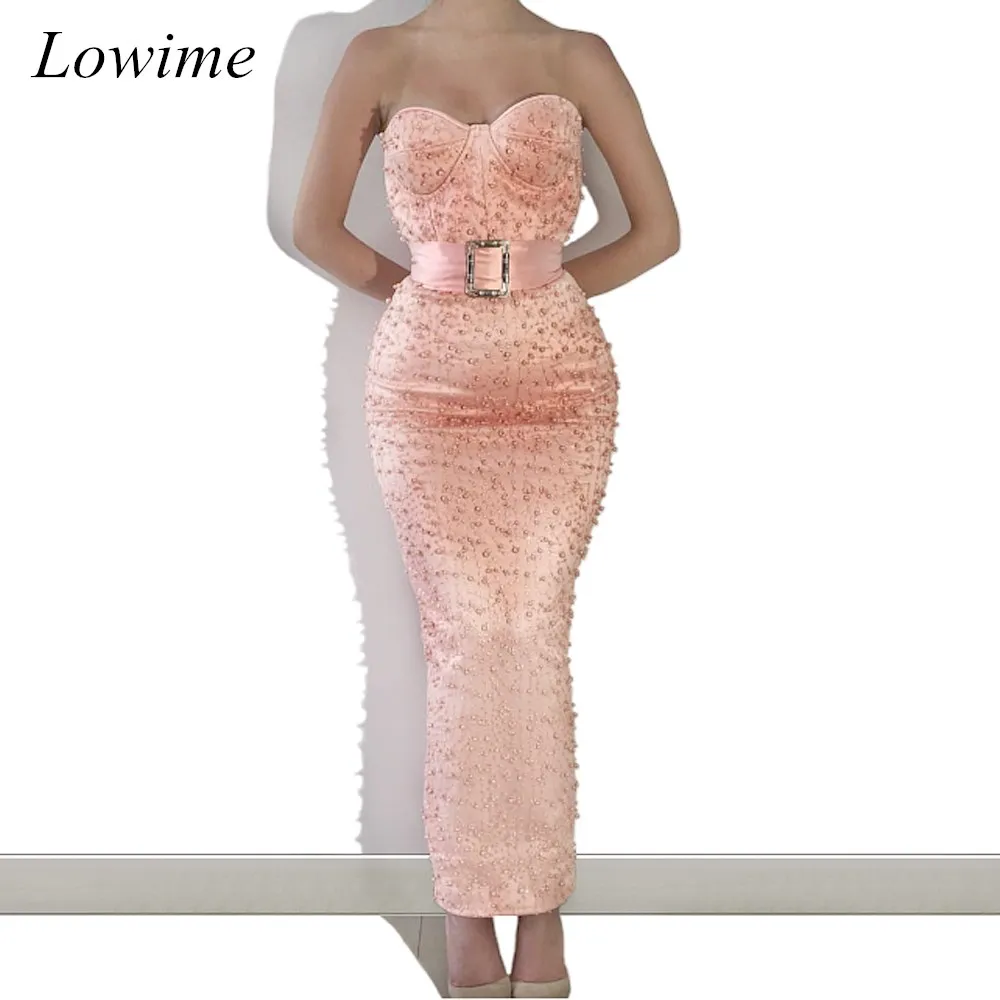 

Free Shipping Plus Size Arabic Prom Dresses Mermaid Strapless Backless Ankle-Length Pearls Evening Prom Party Gowns With Sash