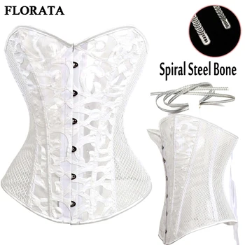 

12 Spiral Steel Boned Black White Corset Steampunk Mujer Overbust Gothic Bustiers With G-string S-2XL Wedding&Party