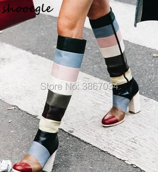 

SHOOEGLE Classic Design Runway Patchwork Knee High Boots Block High Heels Round Toe Zip Long Boots Party Shoes Ladies