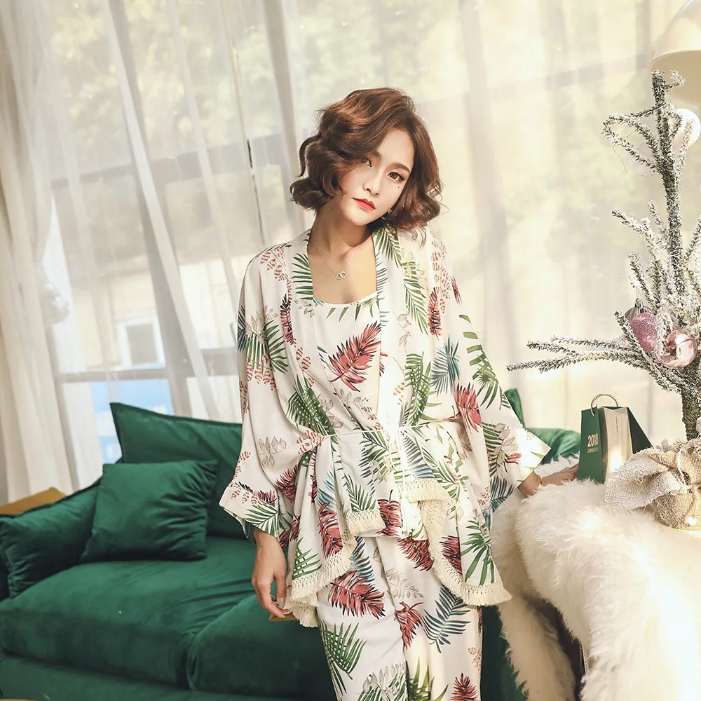 

Women's Pajamas Set 3 Piece Home Pajamas Cotton Nightgown Pants Autumn Women's Print Pajamas Set Pajamas Women's Three-Piece Set