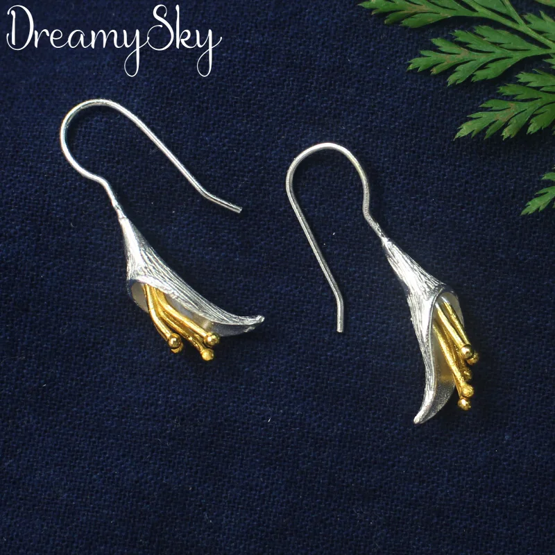 

DreamySky 100% Real 925 Sterling Silver Handmad Jewelry Romantic Lotus Flower Earrings For Women Wedding Girls Statement Jewelry