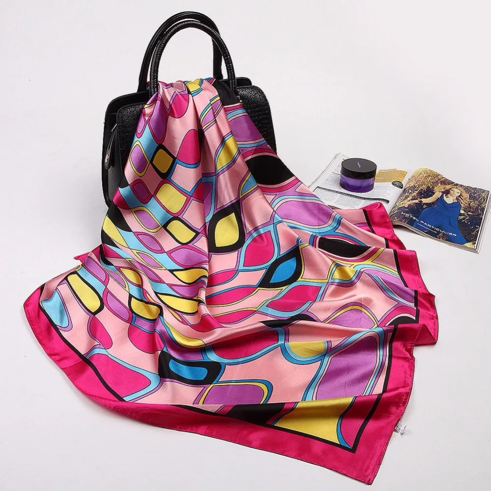 

Vintage Simulated Silk Square Scaf Women Ladies 90*90cm Geometric Lattice Contrasted Color Water Corrugated Scarves Shawls
