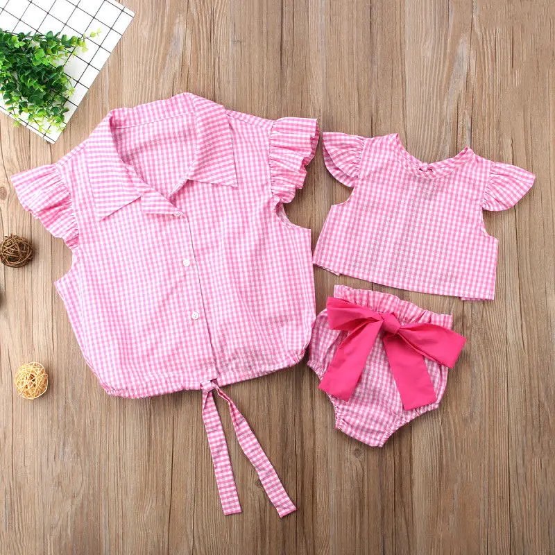 

Family Matching Clothes Mother Toddler Baby Girls Plaid Baby Set Mother Blouses Clothing