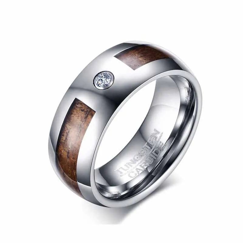 Trendy Tungsten Carbide Silver Ring Men Brown Stripe Cubic Zircon Ring