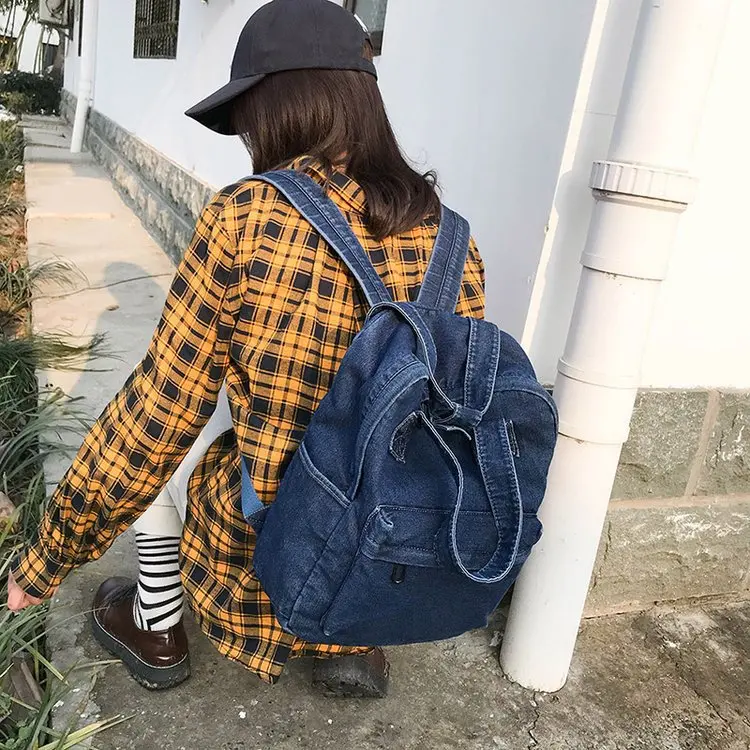 Simple Design Teenagers Rucksack Casual Denim Women Backpack With Handle Jeans Girls Travel Bag Daypack Female Cowboy School Bag