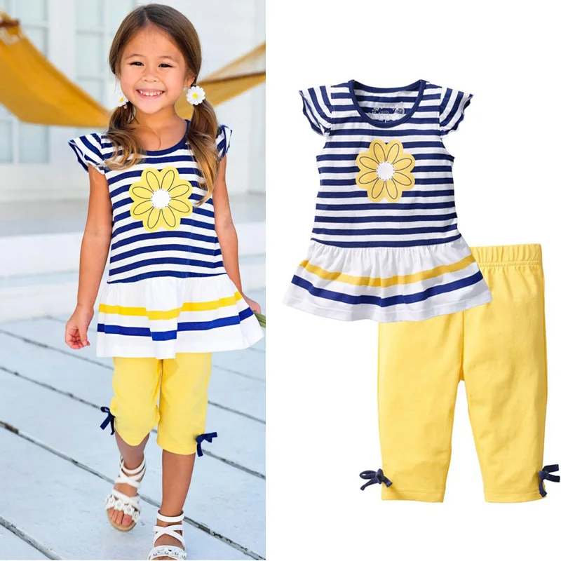 

New2018Summer Girls Clothing Sets Baby Kids Clothes Suit Children Sleeveless Striped T-Shirt +Pants casual retail children su