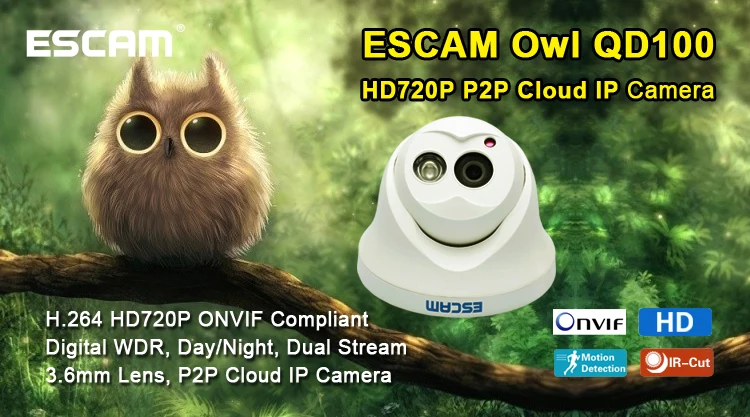 

Escam OWL IP Camera Night Vision Onvif 3.6mm len HD 720P H.264 1/4 CMOS P2P Mini Camera IR Security CCTV Camera QD100