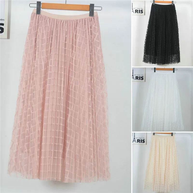 

New Fashion Womens Casual Chiffon Pleated Empire Long Skirts Elastic Waist Ladies Summer Solid Mesh High Waist Skirt