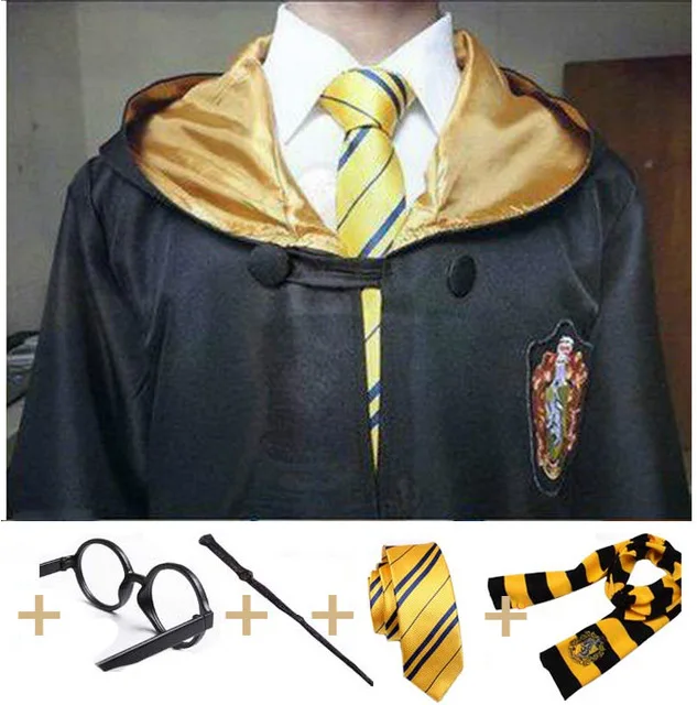 Халат накидка с галстуком и шарфом палочка очки Ravenclaw Гриффиндор Hufflepuff Слизерин косплей для Харриса костюм - Цвет: Hufflepuff full set