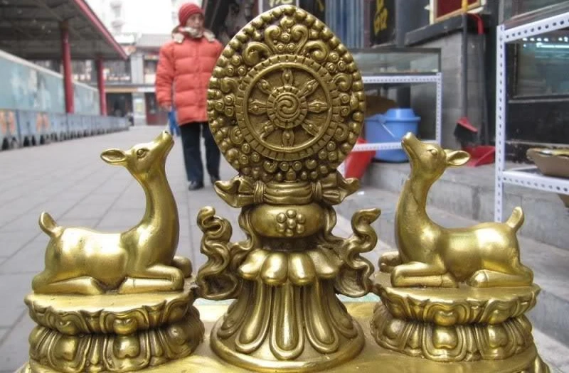 

7"Tibet exquisite craftwork Pure Brass Buddhism Lucky propitious Two deer FaQi