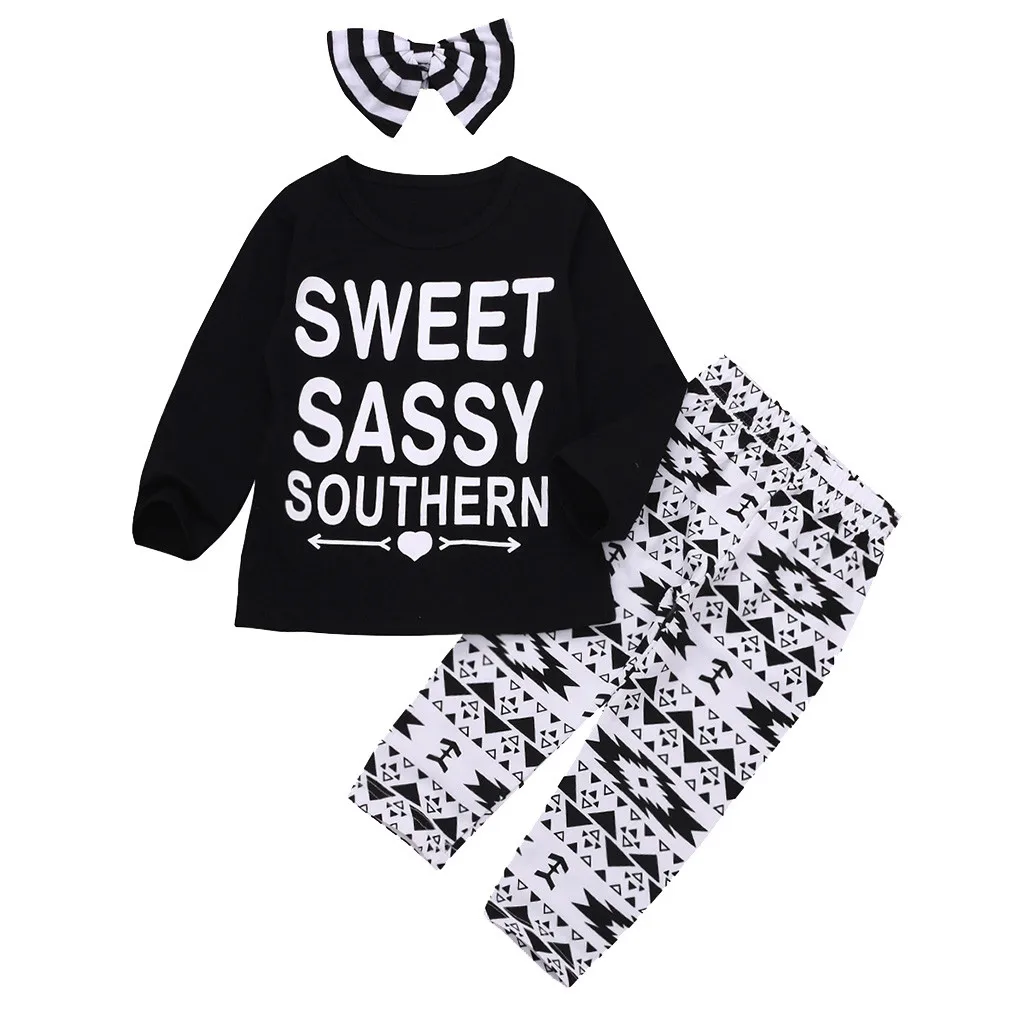 

New Fashion Style Baby Boys Girls Clothing Long Sleeve Cotton Letter Print Top T-Shirt + Geometric Print Pants + Hair Strap Set