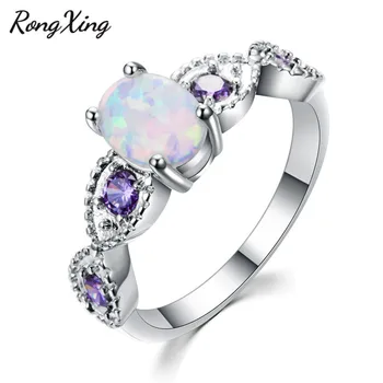 

RongXing White Fire Oval Opal Rings for Women Vintage 925 Sterling Silver Filled Purple Birthstone Rings Fashion Jewelry RS0211