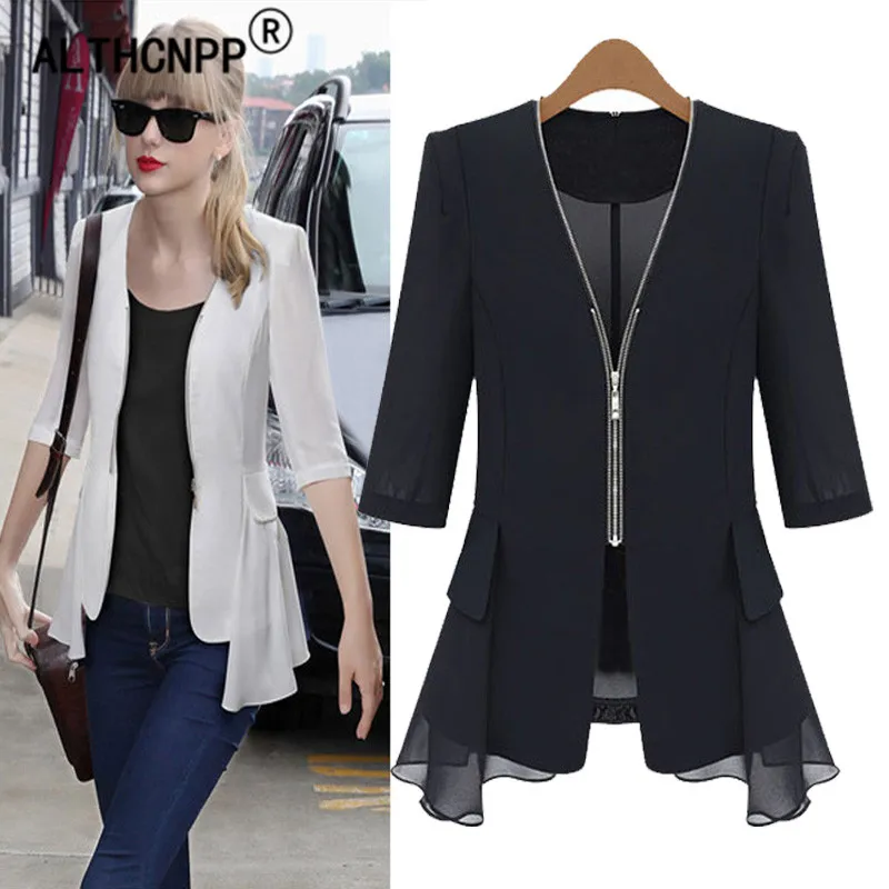 Buy Plus Size Summer Blazer Mujer Black Chiffon Slim Blazers Suit Cardigans