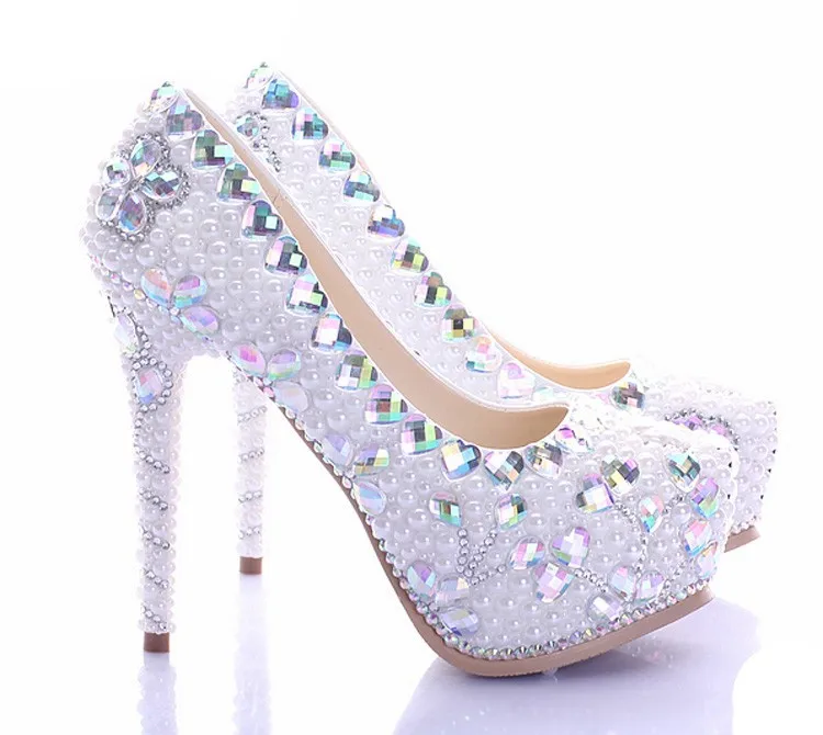 Белые туфли на высоком каблуке с жемчугом свадебная обувь для невесты на платформе со стразами дамские туфли со стразами туфли к праздничному платью для выпускного бала