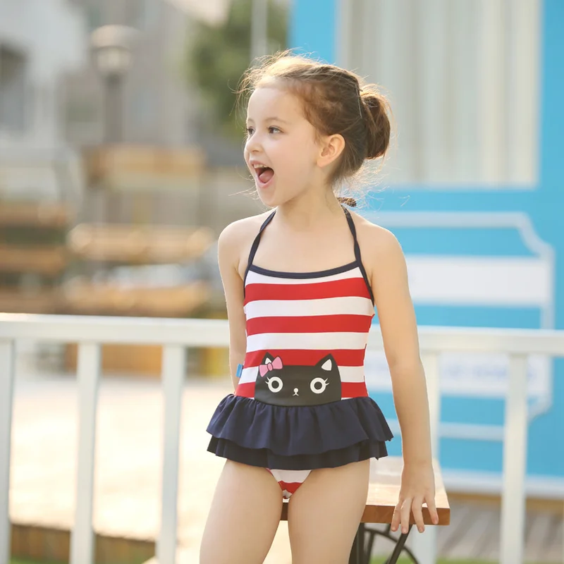 

Girl Baby Swimsuit 2pcs Clothes+hat Cartoon Kitty Stripe Kids Summer Swimming Suit Beach Child Swimwear Infant Bathing Suit