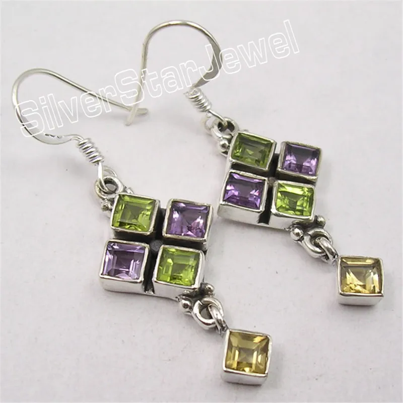

Silver MULTISTONES CITRINES MOONSTONE SQUARES Dangle Earrings 4.4CM