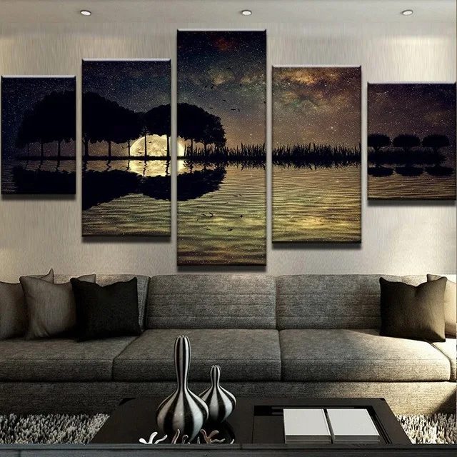 Canvas Painting Wall Art HD Printed Poster Abstract 5 Panel Starry Sky Guitar Lake Landscape Pictures Home Decor For Living Room | Дом и сад