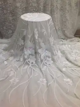 

2017 New design sequins net lace,African tulle mesh white lace fabric high quality for party dress 5yards/l