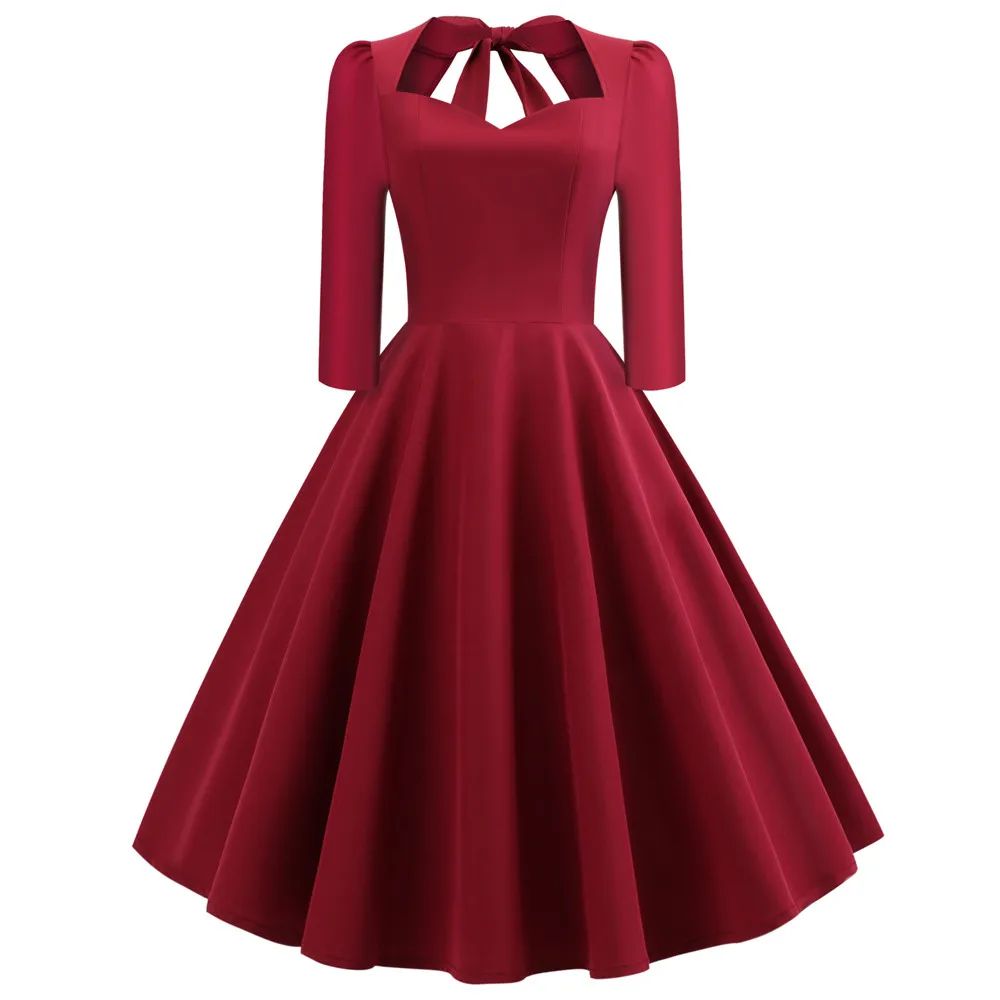 

Fashion Women Autumn Winter Solid Color V-Neck Back Hollow Out Bow Draped Holiday Vintage Dress Hot Sale ladies dress elegant