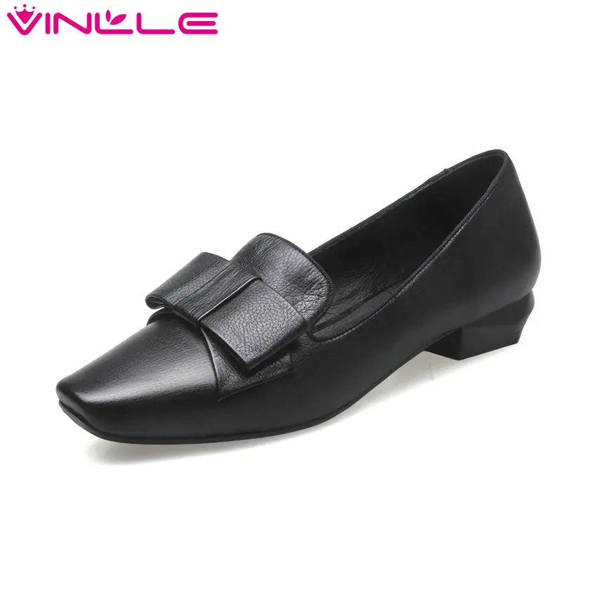 

VINLLE 2017 Women Pumps Pink Wedding Shoe Real Leather Square Toe Party Shoes Spring Square Low Heel OL Work Shoes Size 34-39