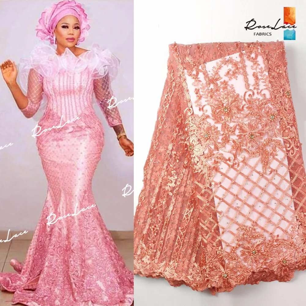 

Big Rhinestones African Stones Net Lace Fabric In Peach Color Unique 2019 New Design For Indian Women Dress Sewing Net Fabrics
