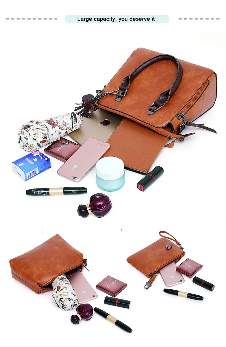 4pcs sets Fashion Vintage Handbag for Women Medium High Quality Oil Leather Shoulder Crossbody Bag Brown Black Female Tote Purse (3)