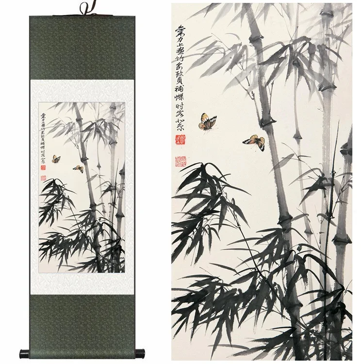 

Chinese Silk traditional watercolor Ink bamboo two butterflies art canvas wall picture feng shui damask framed scroll painting