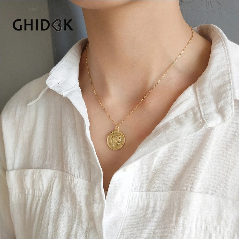 

GHIDBK 925 Sterling Sliver Coin Portrait Pendant Choker Necklace Minimalist Round Disc Chain Chokers Necklaces Jewelry Collares