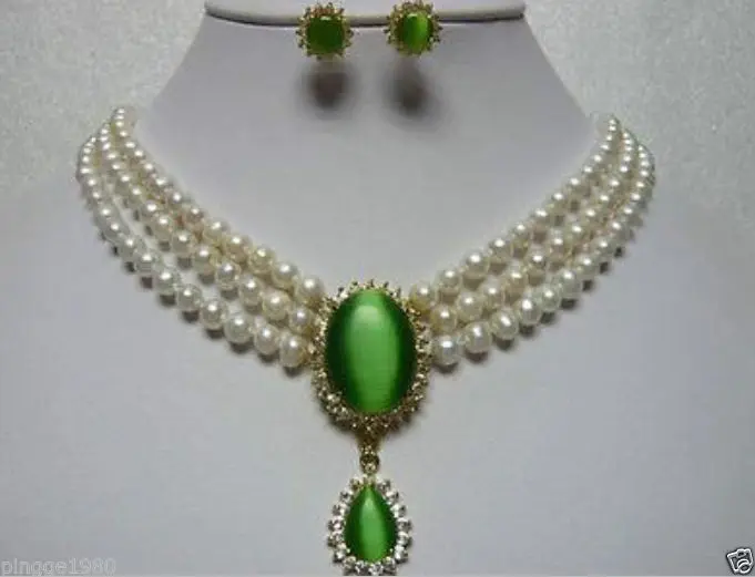 

shipping beautiful white pearl green cat-eyes stone earrings pendant necklace set