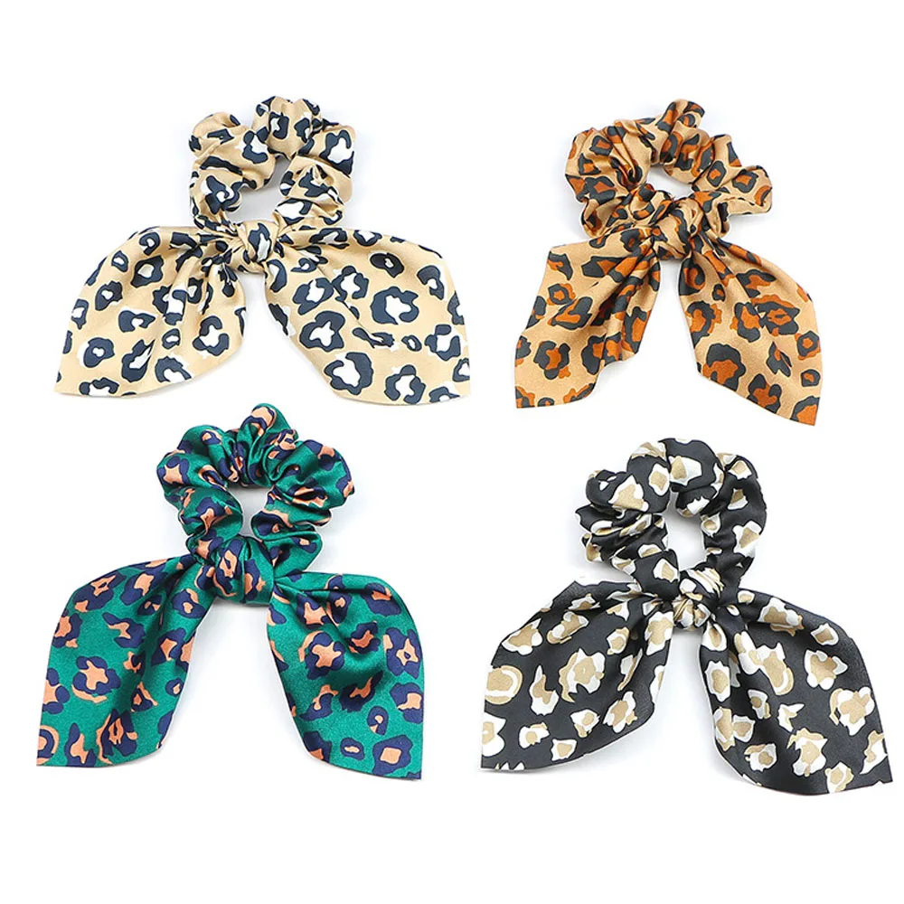 Fashion Girls Summer Leopard Scrunchie Rubber Bow Hair Rope Ring Elastic Hair Bands Hair Accessoiries for Women