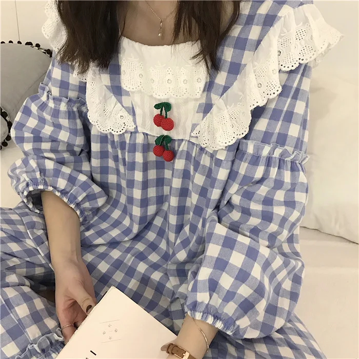 Fdklak/ женский пижамный комплект в Корейском стиле, домашняя одежда в клетку с длинными рукавами, женская пижама для сна, милые хлопковые Пижамные комплекты для девочек