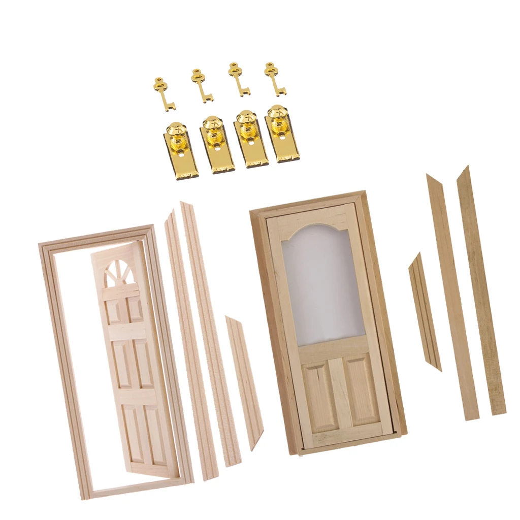 1/12 Doll House Miniatures Wooden Door Set Unpainted & Metal Door Lock With Keys