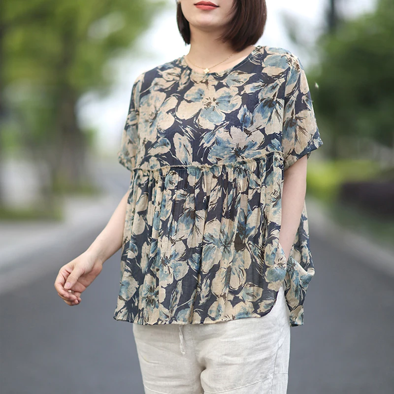 

Johnature New 2019 Summer Casual Short Sleeve Tops Vintage Print Floral High Waist Loose O-Neck Women T-Shirts