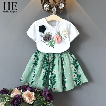 

HE Hello Enjoy Kids Clothes Summer Set Girls Short Sleeves Rose Flowers T-shirt+Print Skirt 2pcs Suits Toddler Girl Clothing