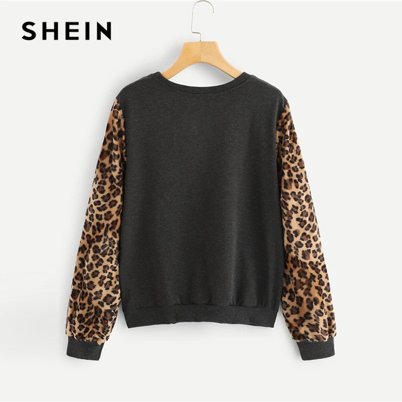  SHEIN Modern Lady Grey Highstreet Round Neck Long Sleeve Colorblock Leopard Sleeve Pullover 2018 Au