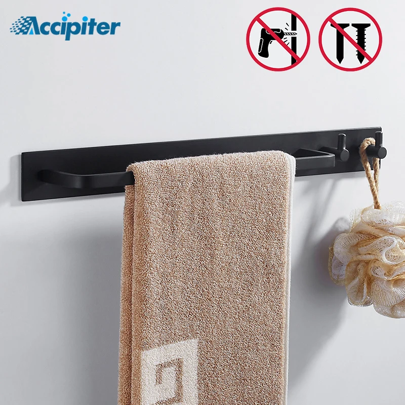 Buy Nail Free Space Metal Black Towel Bar With Hook Hanger Single Towel Bar
