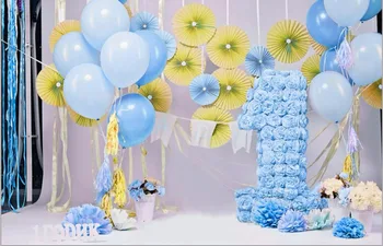 

TR Baby 1st Birthday Backdrop for Photography Blue Balloons Vinyl Background Yellow Flowers Backdrops for Kids Party Photos