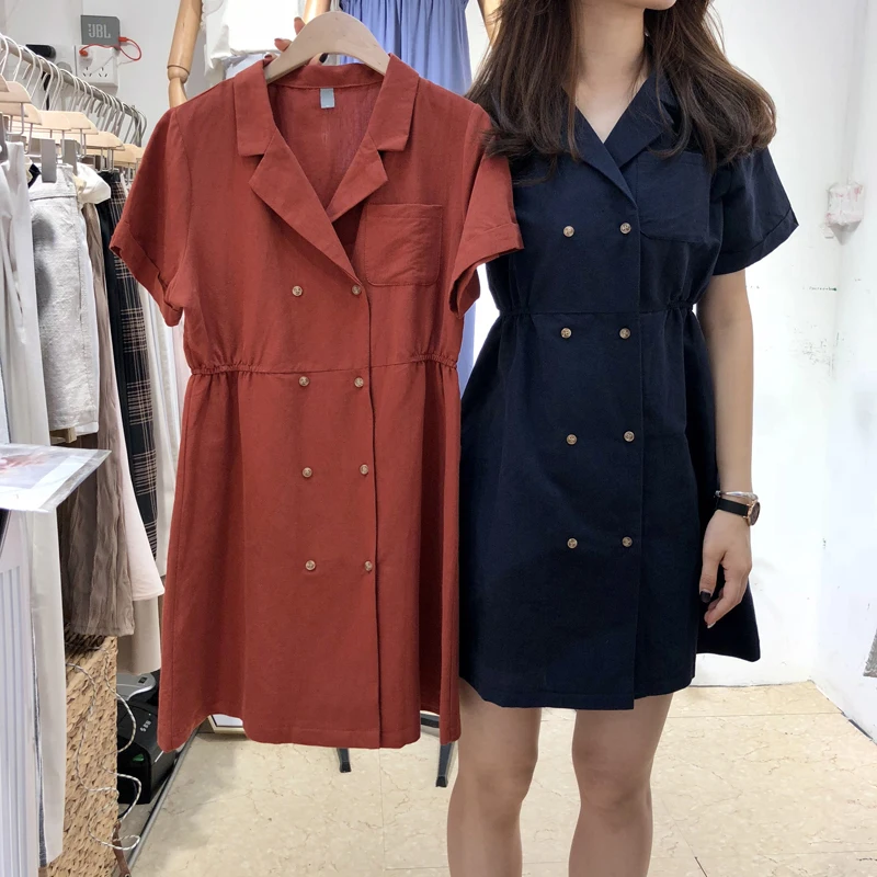 Double breasted Solid V neck Cotton Linen Dresses Women