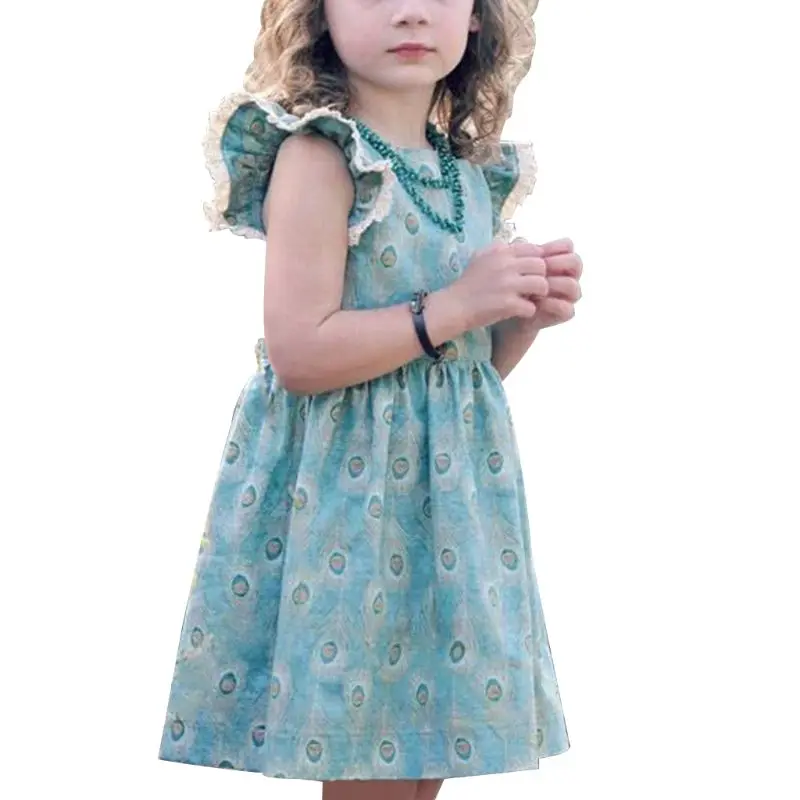 

Toddler Kids Girls Summer Button Down Midi Dress Vintage Peacock Feather Printed Ruffles Lace Sleeves Casual Party Sundress 3-8T
