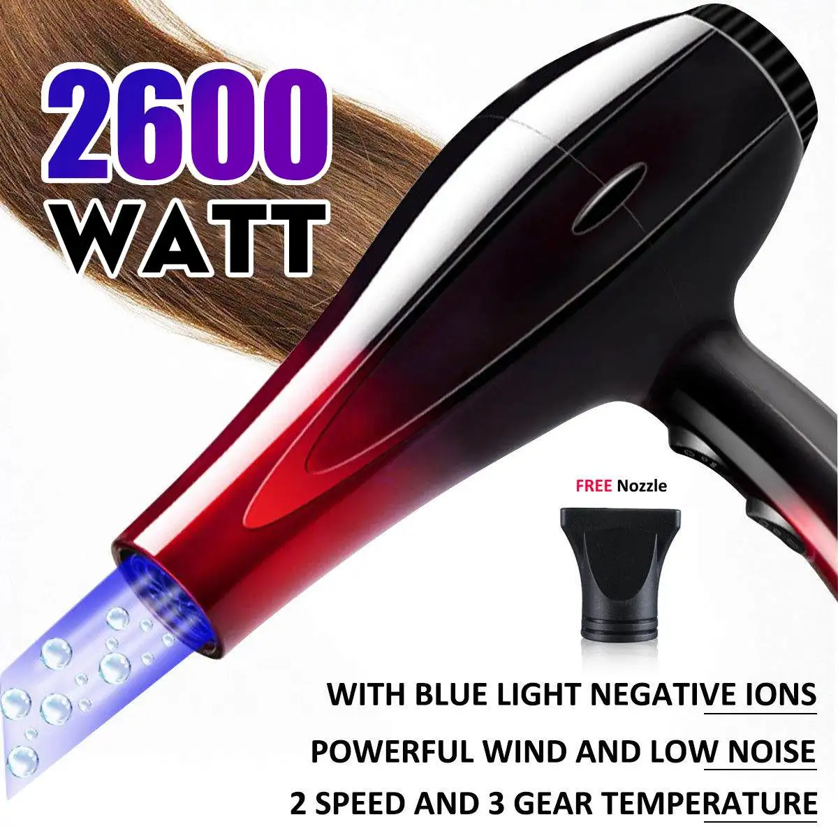

Professional Hairdressing Salon Styler 2600W Peaks Hair Dryer Low Noise+Nozzle Home Hairdryer Hot and Cold Wind Not Hurt Hair
