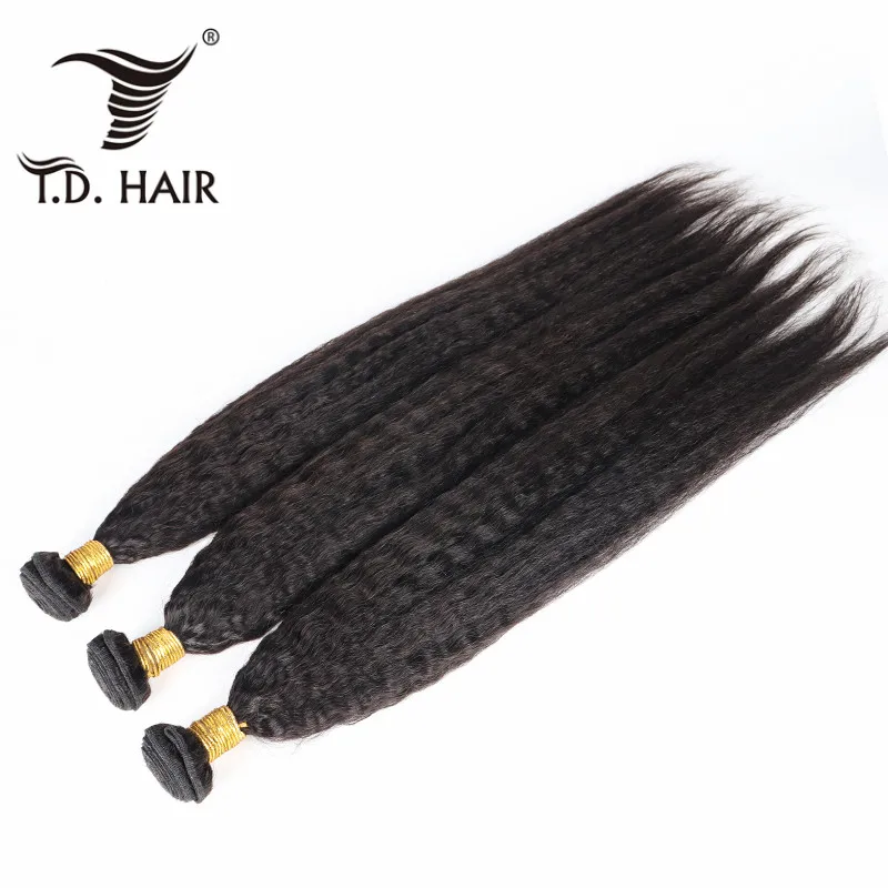 

3 Bundles Kinky Straight Hair Bundles Brazilian Remy Human Hair Extensions Natural Black TD HAIR