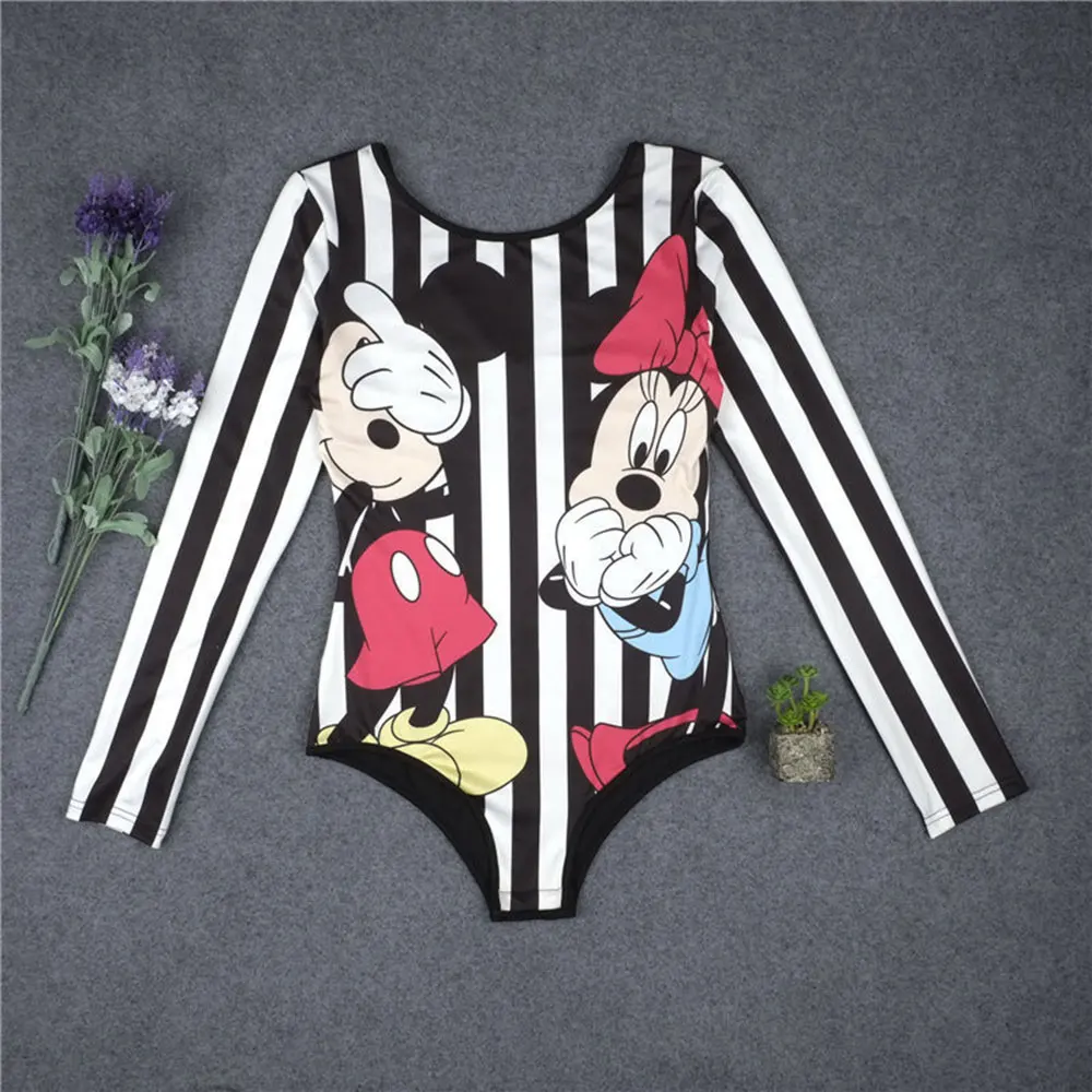 2018 Bodycon Slim Cute Cartoon Mouse Printed Long Sleeve Bodysuit Round Neck Autumn Tops Striped Jumpsuits Overalls Romper 