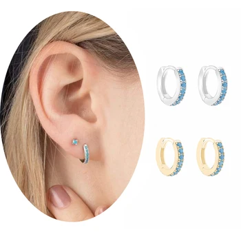 

Slovecabin 925 Sterling Silver Huggie Hoop Earrings With Blue Zircon Mini Simple Earrings aros mujer oreja