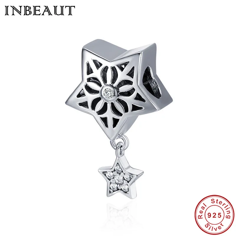 

INBEAUT Real 925 Sterling Silver Sparkling Zircon Stone Pendant Women Clear CZ Star Charm fit Pandora Bracelet Gift Jewelry